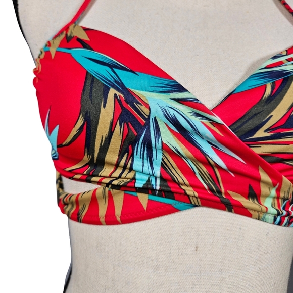 PINK By Victoria's Secret Wrap Front Bikini Top, Red Tropical, Small - Picture 2 of 14